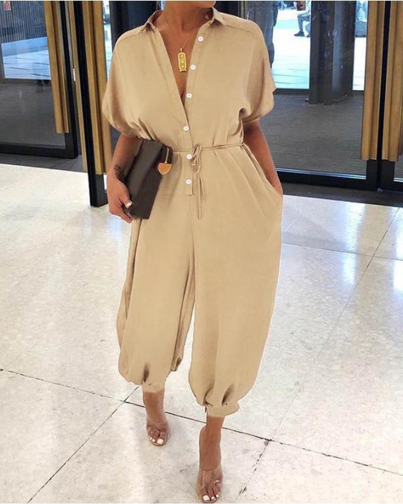 

Plus Size Plain Button Front Jumpsuit, Khaki