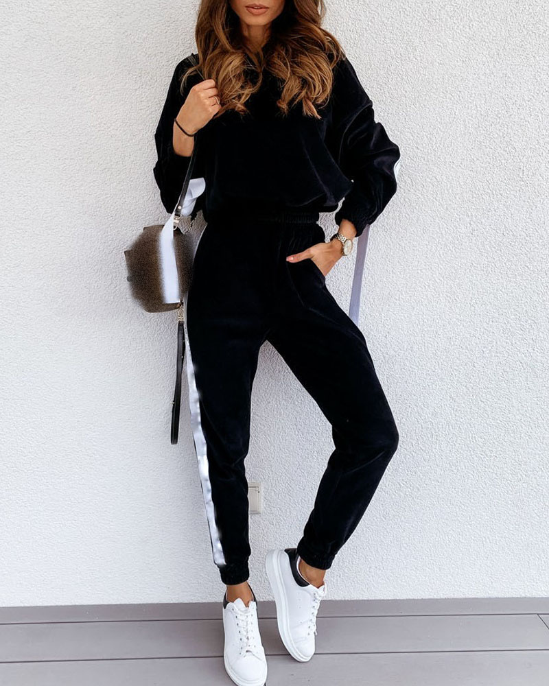 

Striped Print Velvet Hooded Top & Pants Set, Black