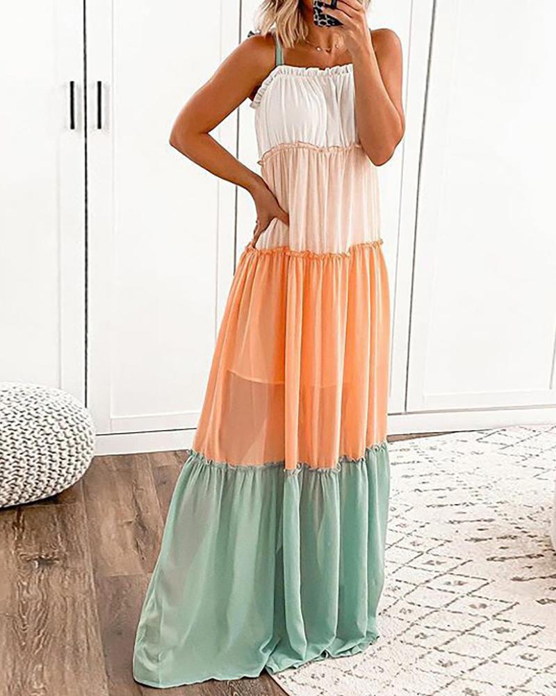 

Spaghetti Strap Colorblock Maxi Dress, Orange