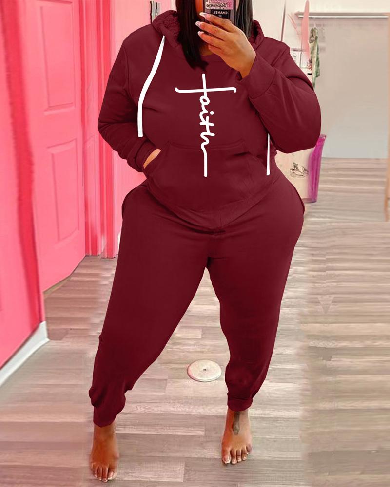 

Plus Size Letter Print Long Sleeve Hoodie & Pants Set, Red