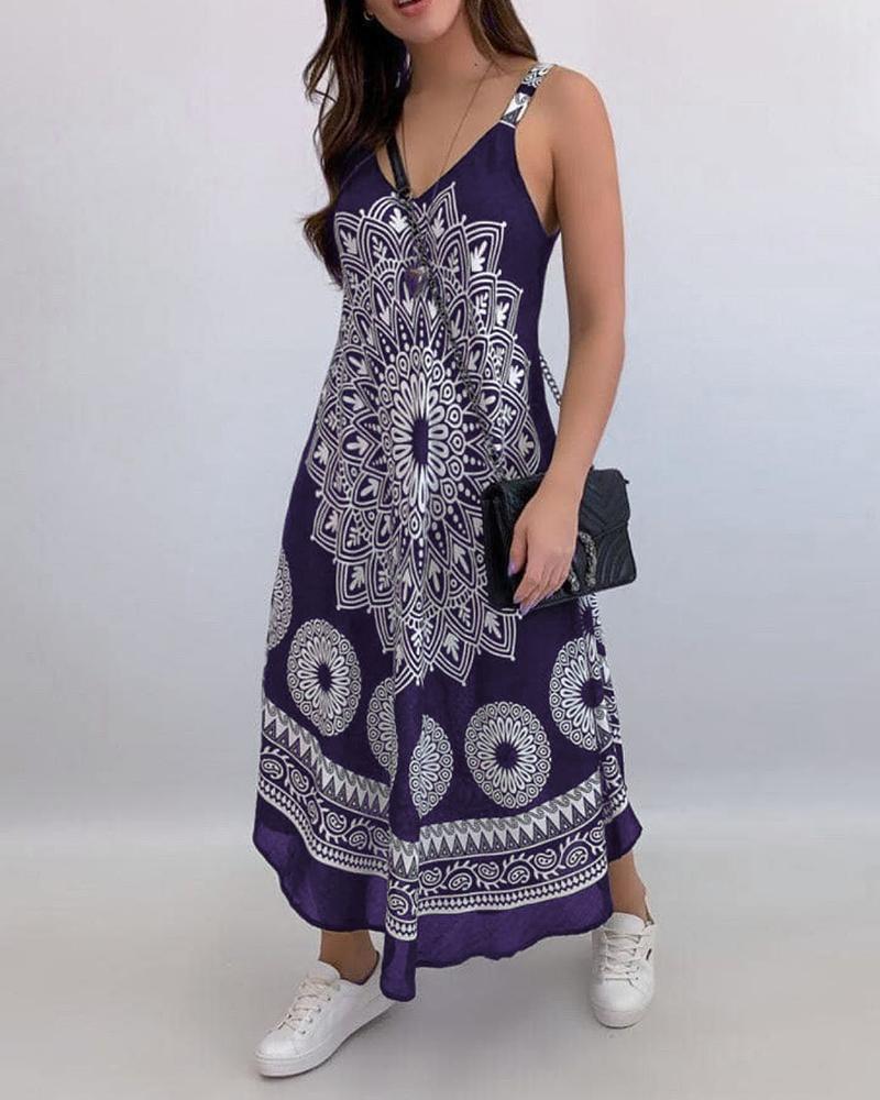 

Graphic Print V-Neck Thin Strap Maxi Dress, Dark blue