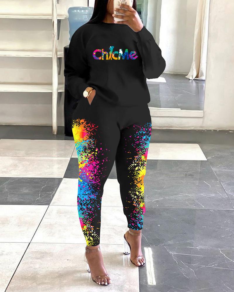 

ChicMe Ink Splash Letter Print Top & Pants Set, Black