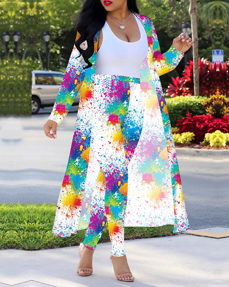 

Tie Dye Print Colorblock High Waist Pants & Long Sleeve Cardigan Set, White