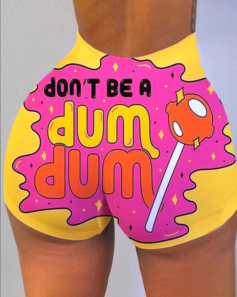 

Letter Cartoon Print High Waist Casual Shorts, Orange
