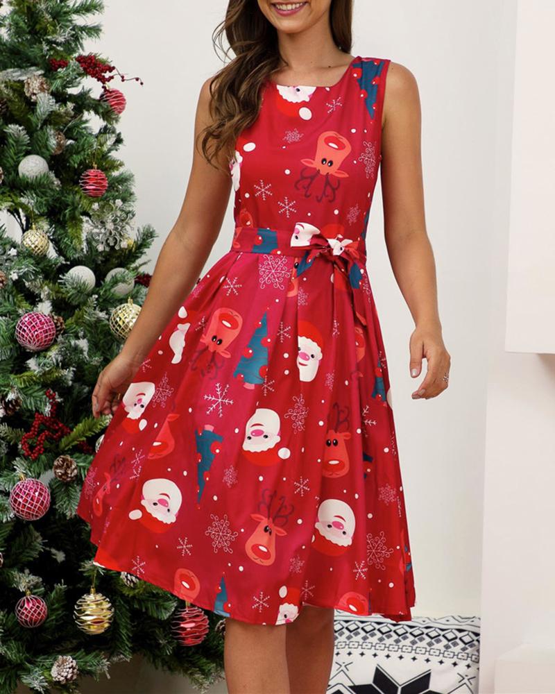

Christmas Mixed Print Bowknot Decor Dress, Blue