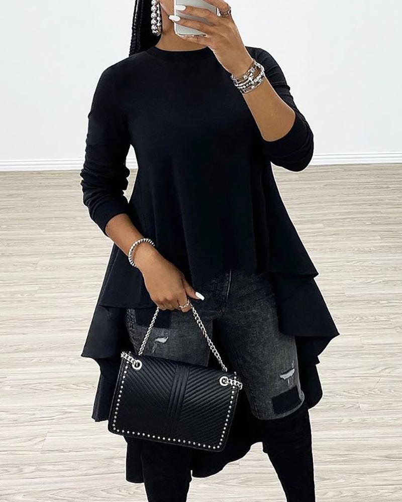 

Solid Ruffles Dip Hem Women Blouse, Black