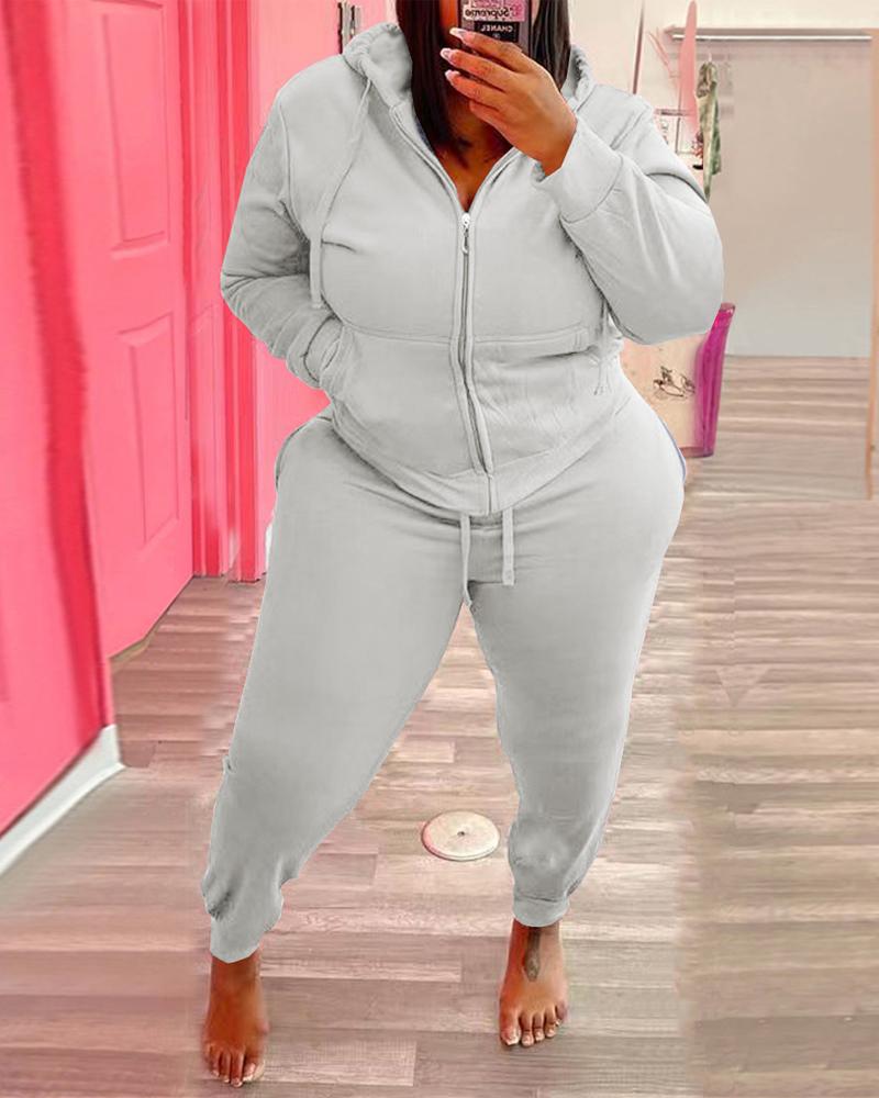 

Plus Size Zip Up Hooded Top & Drawstring Pants Set, Gray