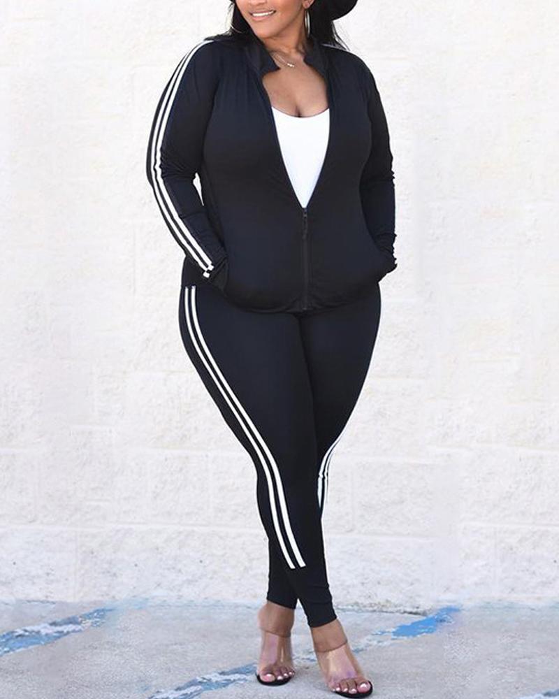 

Plus Size Contrast Paneled Long Sleeve Zip Up Top & Pants Set, Black