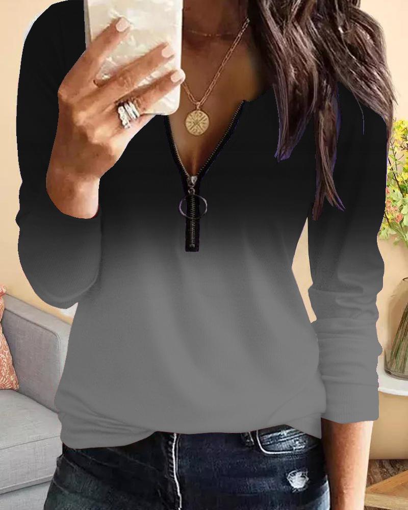 

Ombre Print Zip Detail Long Sleeve Top, Gray