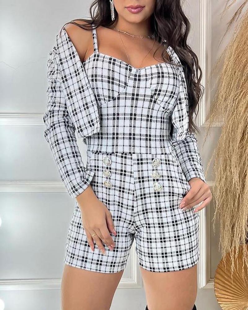 

Plaid Print Cami Romper & Crop Coat Set, White