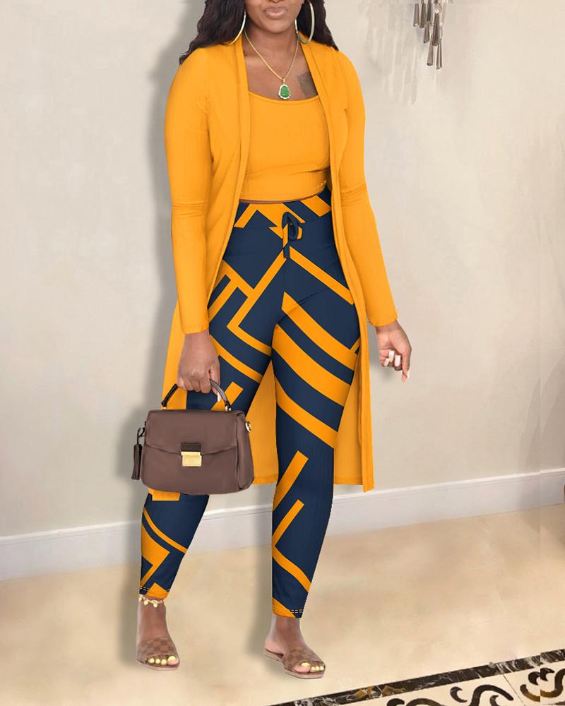 

3PCS Cami Top & Geometric Print Pants Set With Longline Coat, Yellow