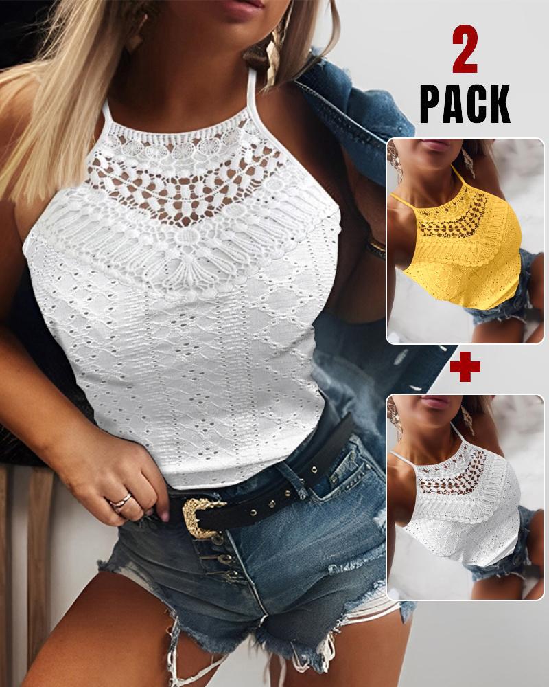 

2 peças Halter Lace Up Water Soluble Lace Trim sem mangas Tank Jacquard Casual Slim Fit Knit Top, Style3