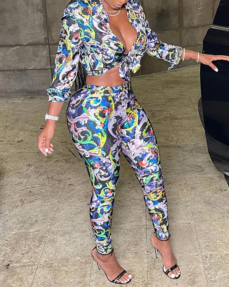 

All Over Print Long Sleeve Knot Front Top & Pants Set, Multicolor