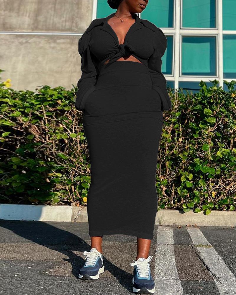 

Puff Sleeve Top & Pocket Design High Waist Skirt Set, Black