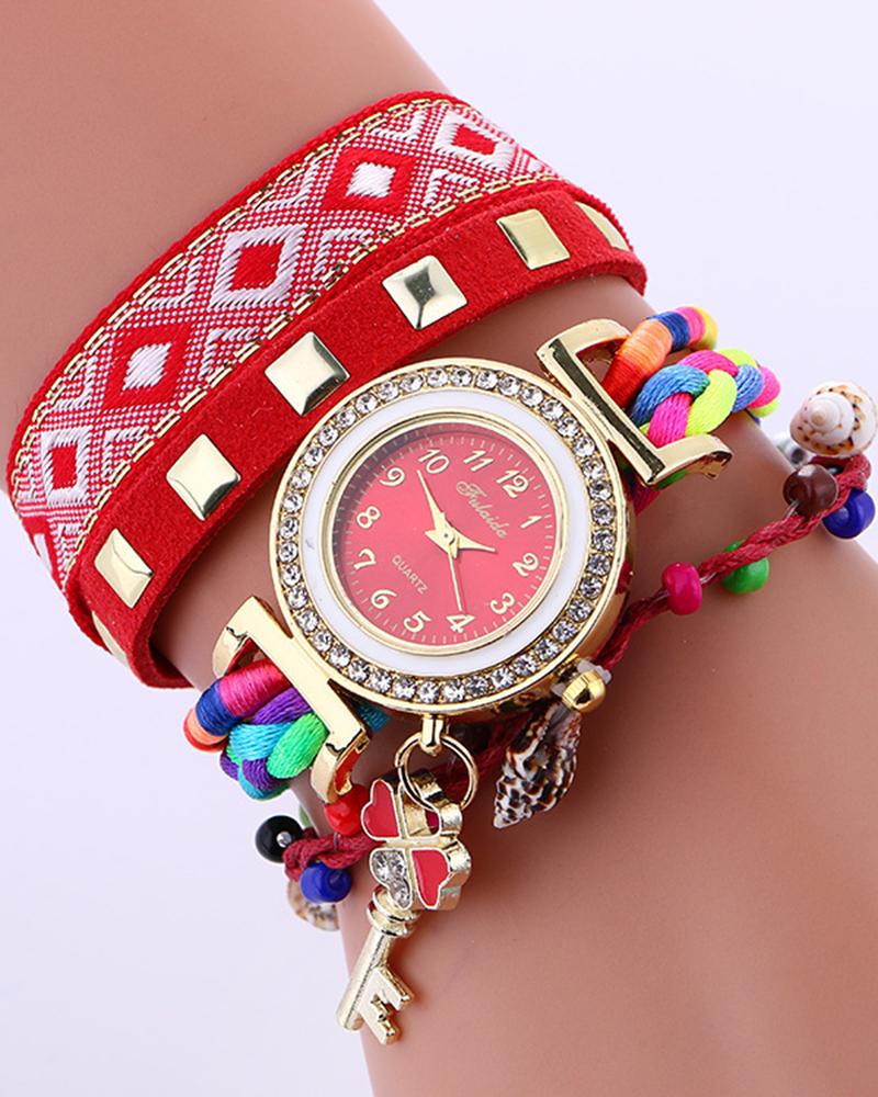 

1pc Tribal Studded Beaded Stackable Bangle Quartz Watch, Red