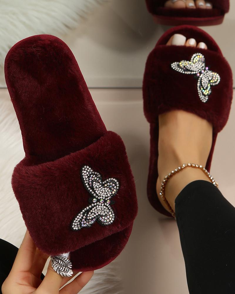 

Butterfly Pattern One Strap Fuzzy Slippers, Wine red