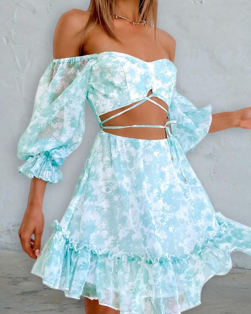 

Off Shoulder Cutout Front Floral Print Dress, Blue
