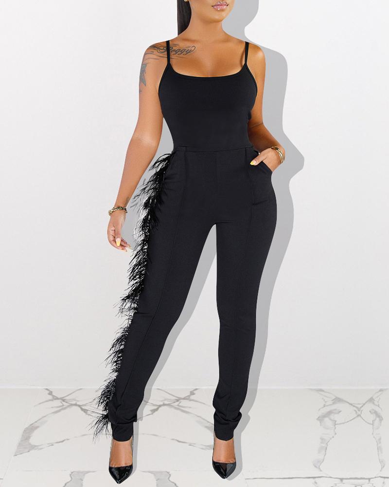 

Solid U Neck Pocket Design Feather Trim Jumpsuit, Black