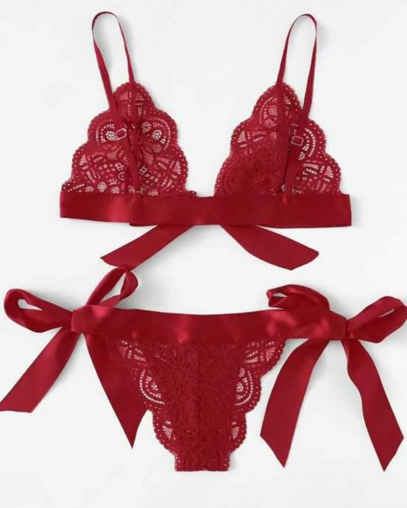 

Bowknot Design Crochet Lace Bra Set, Red