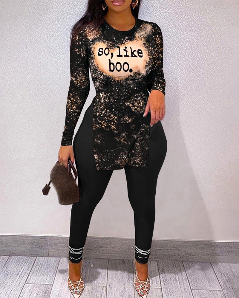 

Letter Print Abstract Split Hem Long Sleeve Tee & High Waist Pants Set, Black