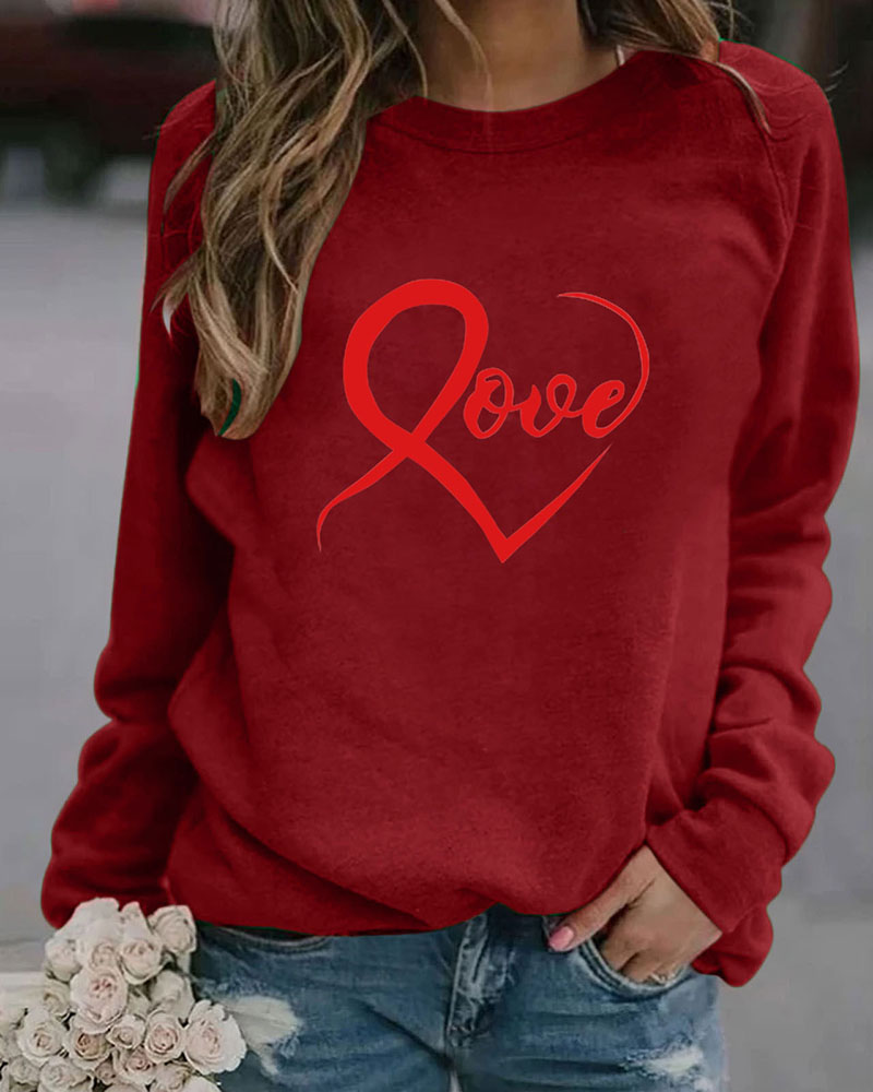 

Letter Heart Print Long Sleeve Sweatshirt, Wine red