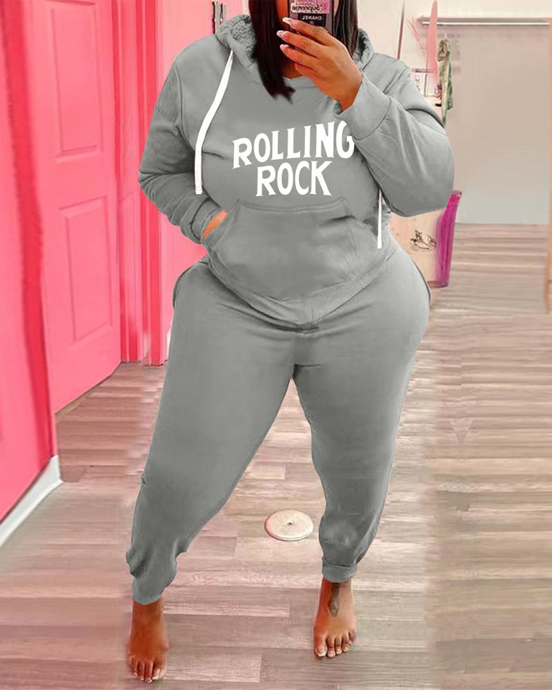 

Plus Size Letter Print Long Sleeve Hoodie & Pants Set, Gray