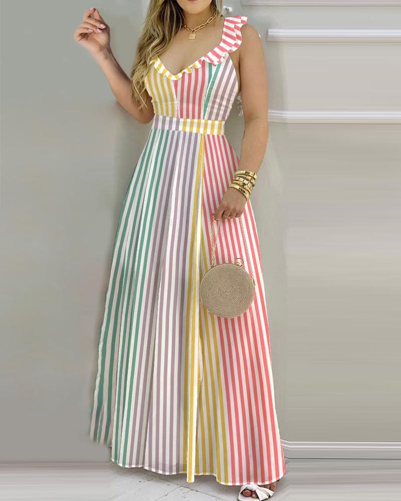 

Colorblock Striped Print Ruffle Hem Maxi Dress, Multicolor