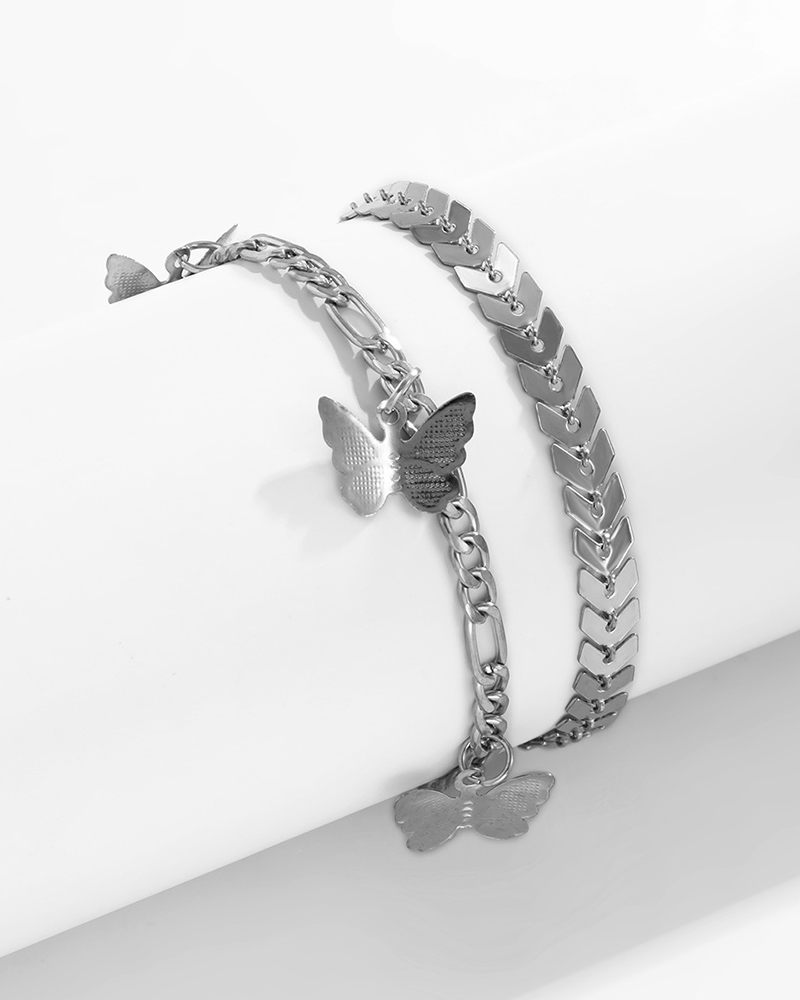 

2pcs Fishbone Butterfly Pendant Chain Anklet, Silver