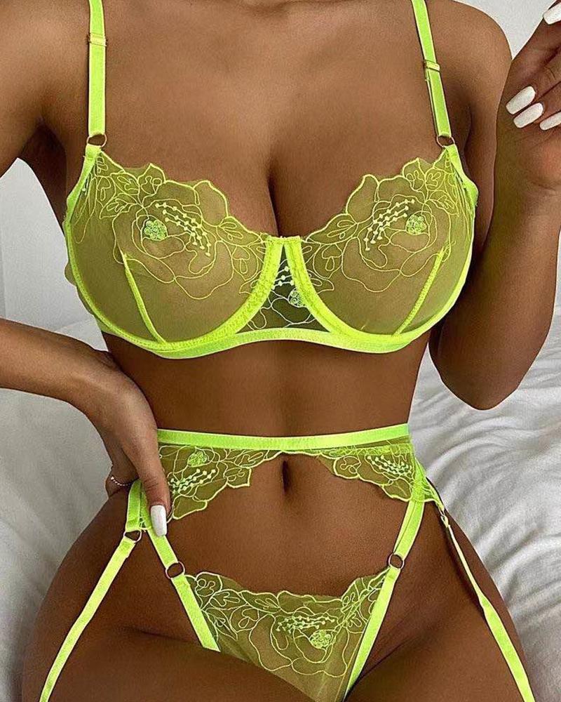 

Sexy Women Floral Embroidered Mesh Pacthwork See Through lingerie, Lvs green