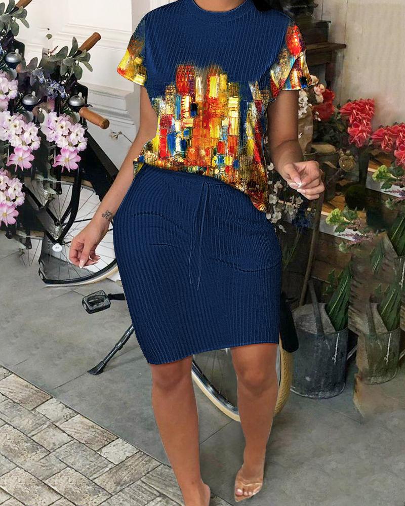 

Ribbed Landscape Print Top & Drawstring Skirt Set, Purplish blue