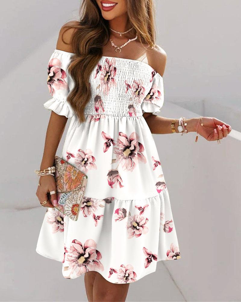 

Floral Print Off Shoulder Shirred Swing Dress, White