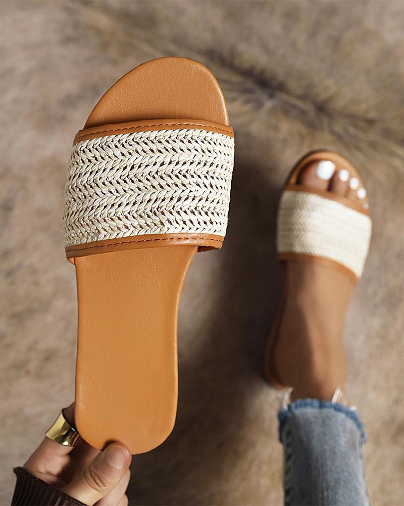 

Round-toe Solid Color Weave Strap Flat Slippers, Beige