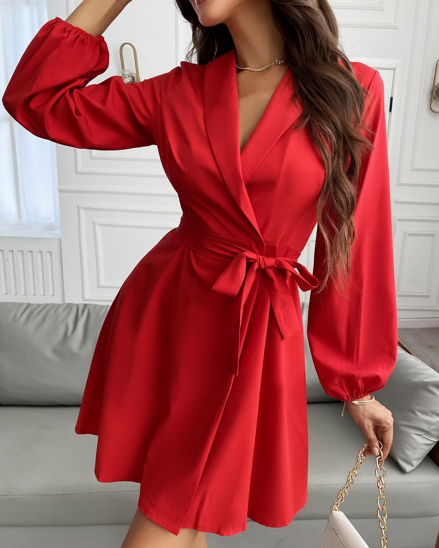 

Plain Surplice Neck Long Sleeve Work Dress, Red