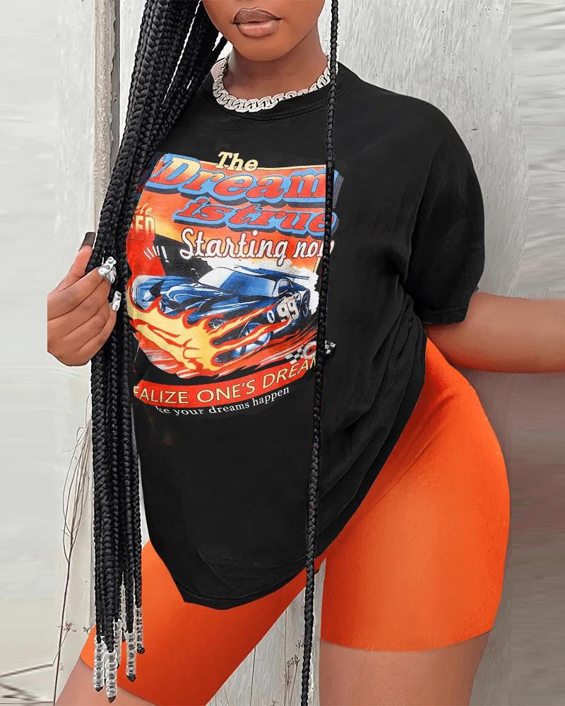 

Plus Size The Dream Is True Graphic Print Casual Top & Shorts Set, Orange