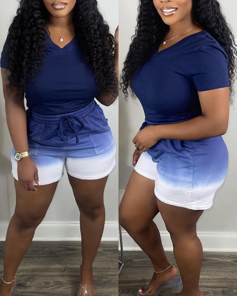 

V-Neck Casual Top & Ombre Drawstring Shorts Set, Blue