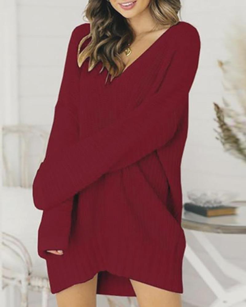 

Long Sleeve Solid Knit Casual Dress, Wine red