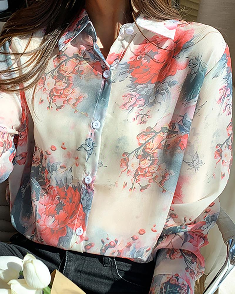 

Button Decor Floral Print Long Sleeve Top, Red