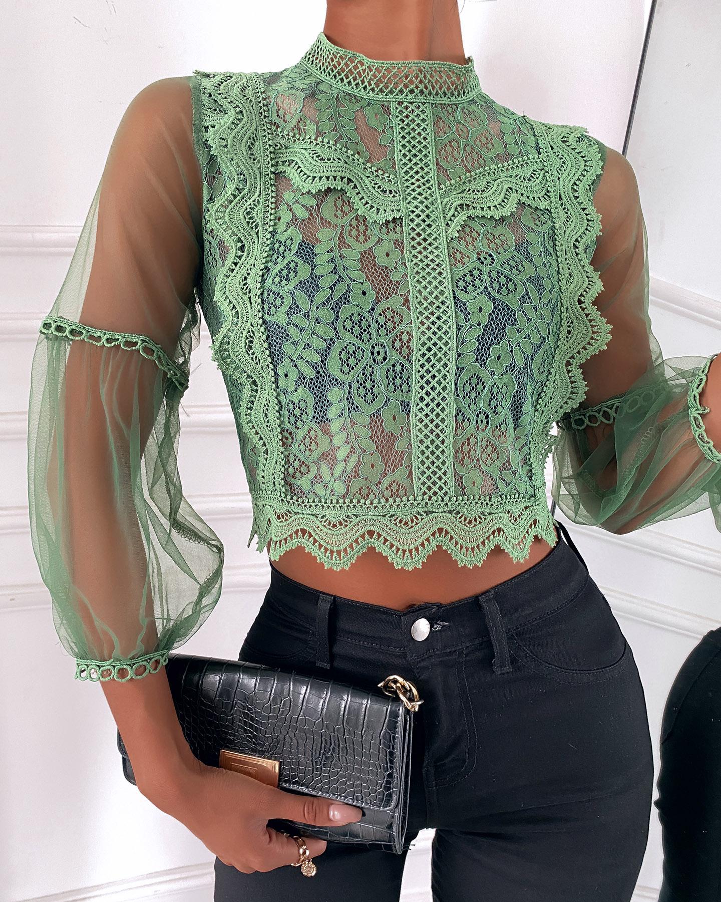 

Guipure Lace Sheer Mesh Lantern Sleeve Top, Green