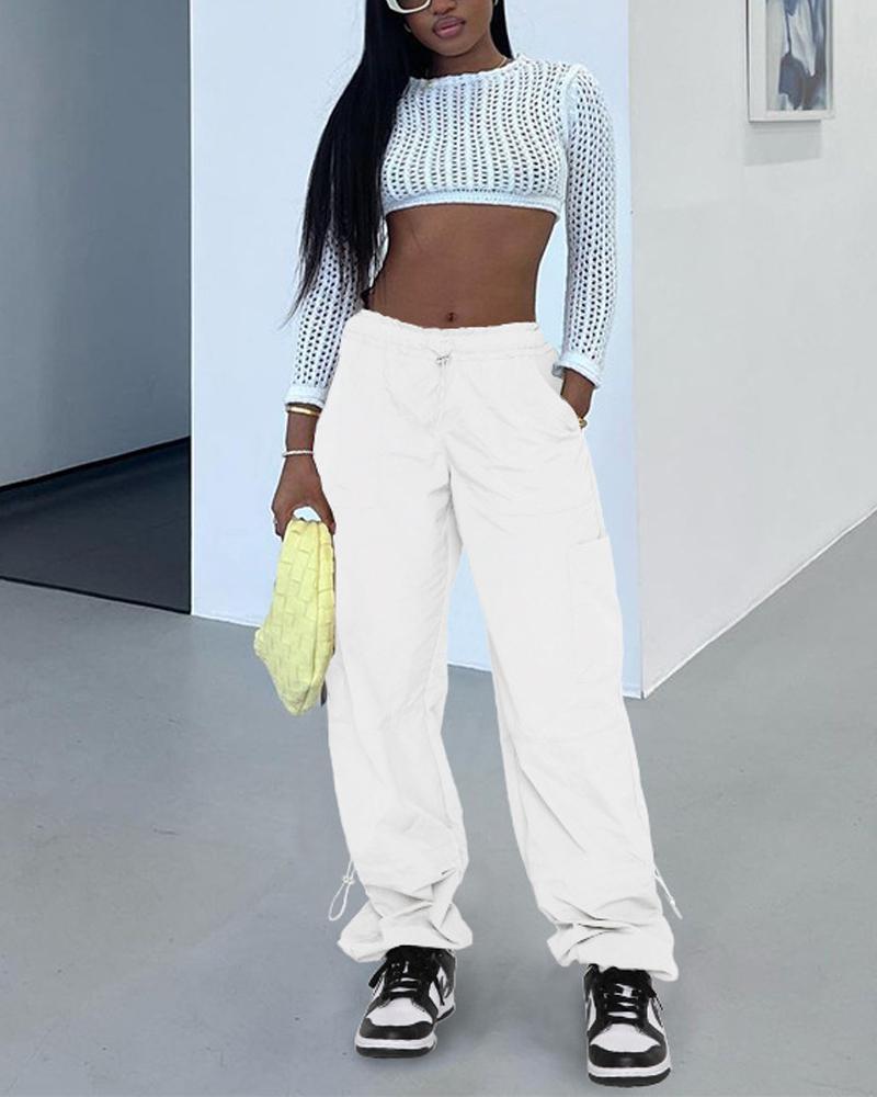 

Pocket Design Drawstring Cargo Pants, White
