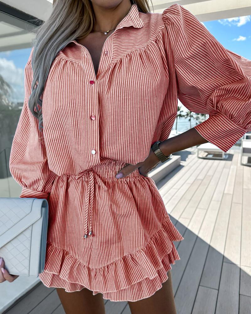 

Lantern Sleeve Buttoned Shirt & Ruffle Hem Skorts Set, Red