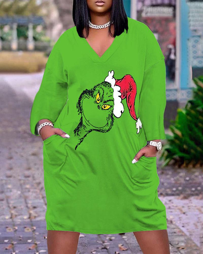 

Plus Size Grinch Stole Christmas Print Casual Dress, Green