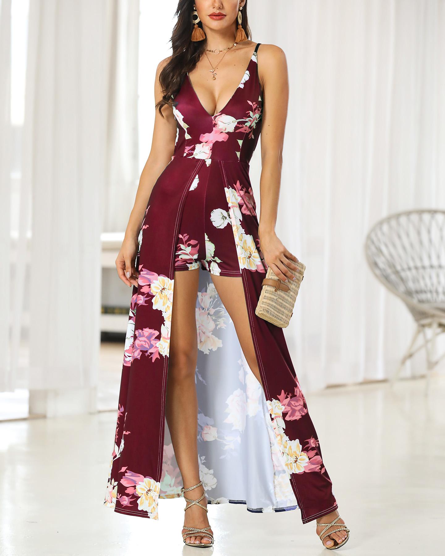 

Floral Print Plunge Dip Hem Romper, Wine red