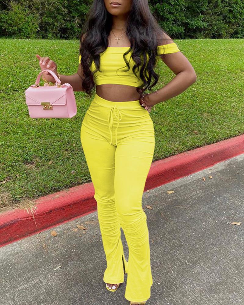 

Off Shoulder Crop Top & Bootcut Pants Set, Yellow
