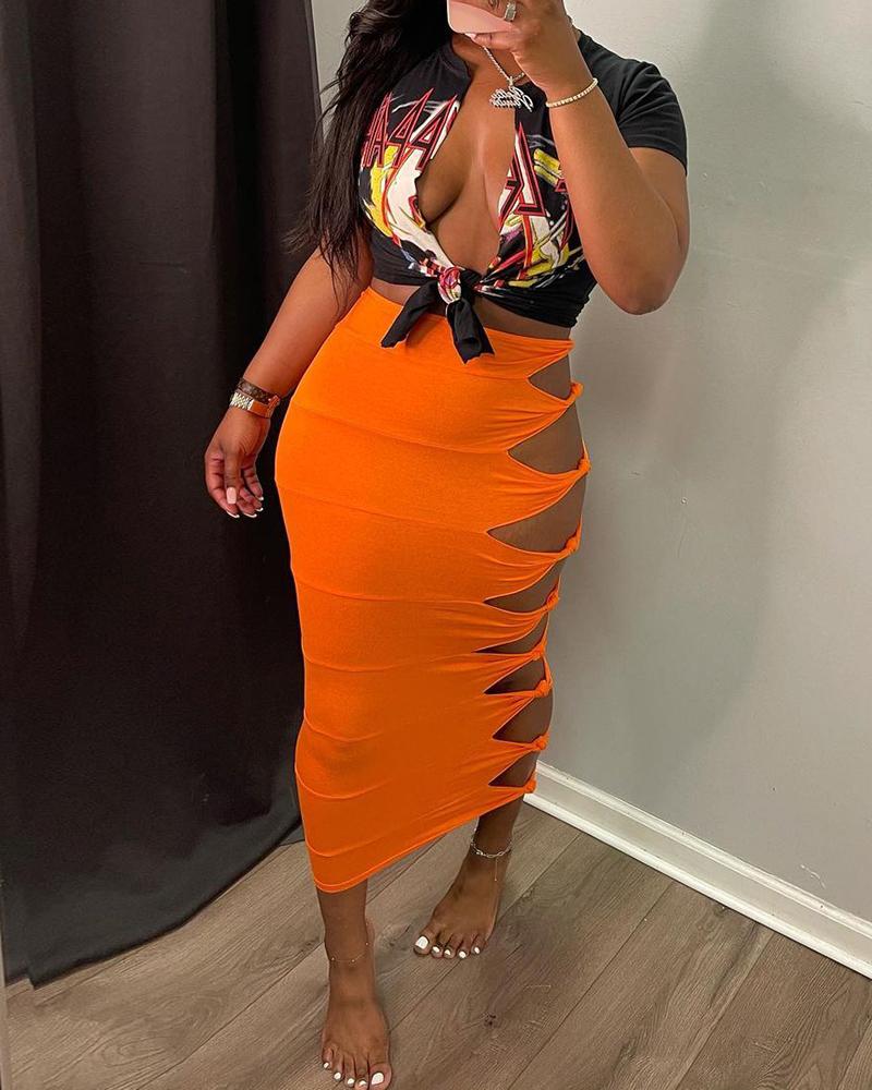 

Plain Knotted Cutout Maxi Skirt, Orange