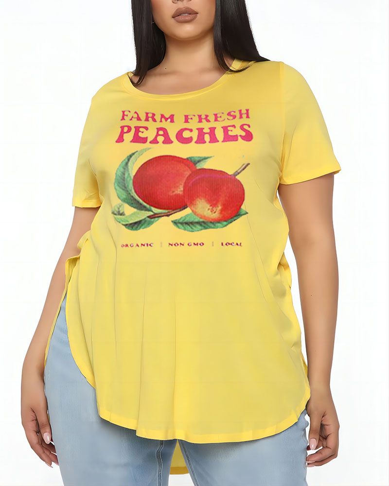 

Peach Letter Print Slit Casual T-shirt, Yellow