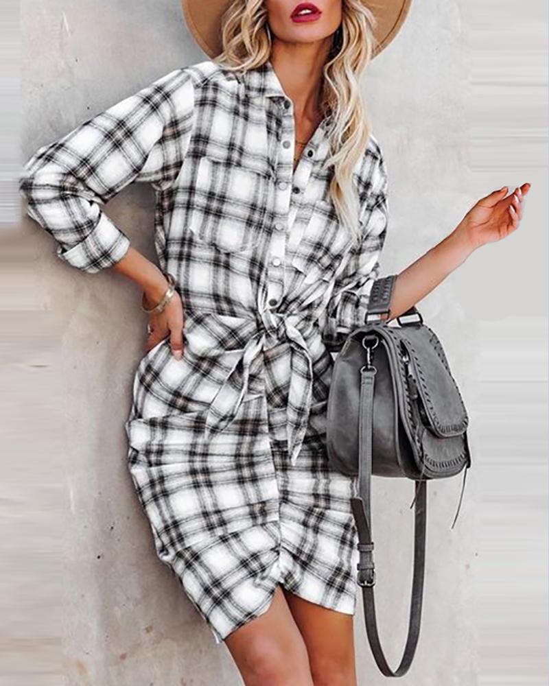 

Tie Front Button Pocket Design Plaid Print Shirt, Gray