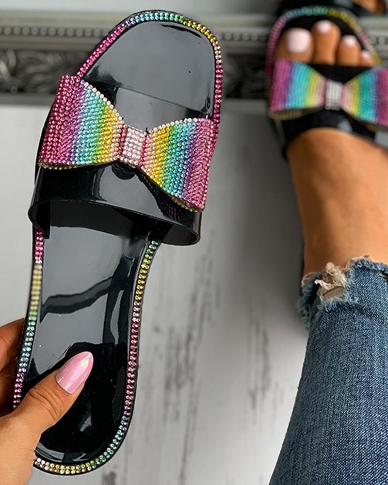 

Colorful Studded Bowknot Pattern Flat Sandals, Black
