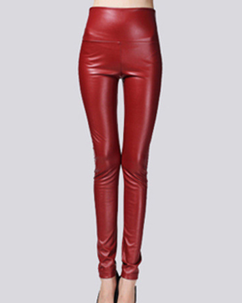 

PU Leather High Waist Thermal Warm Fleece Lined Leggings, Wine red