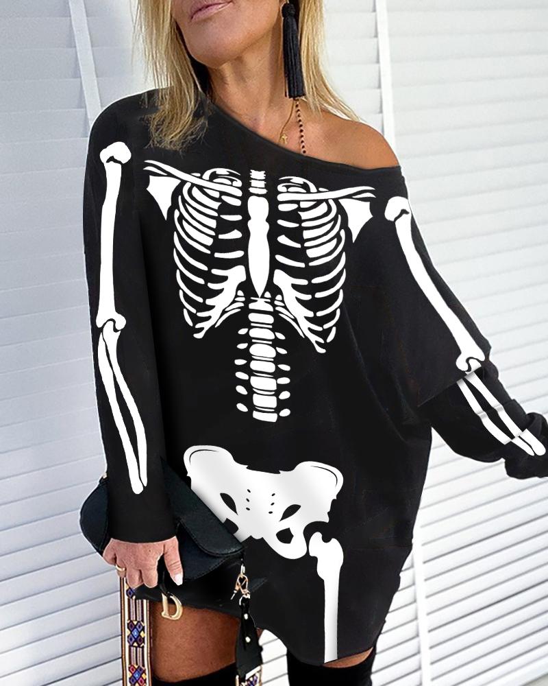 

Halloween Skeleton Print Long Sleeve Sweatshirt, Black