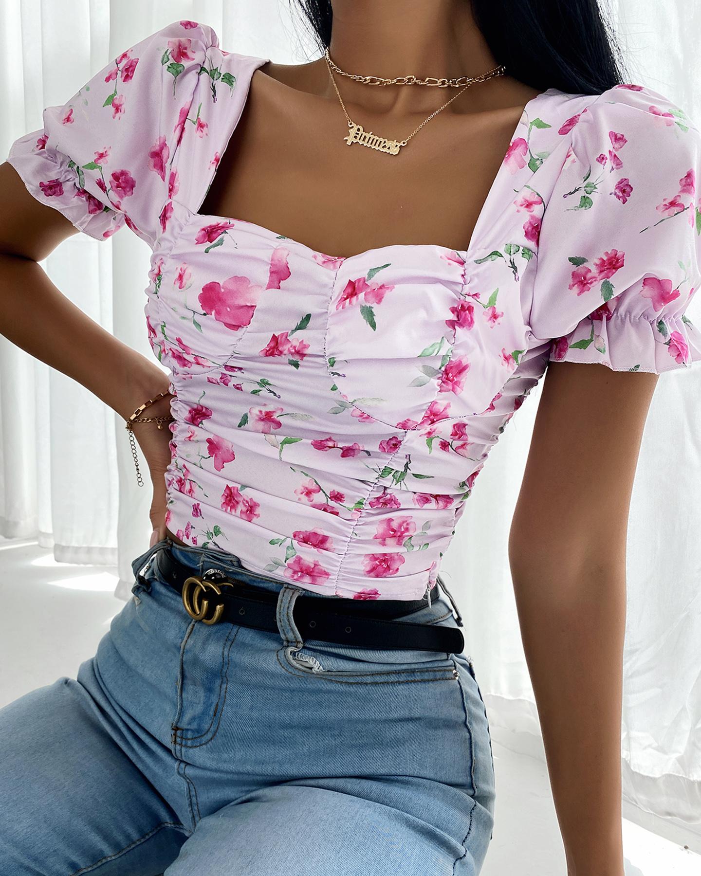 

Floral Print Fold Design Square Neck Short Sleeve Top, Multicolor